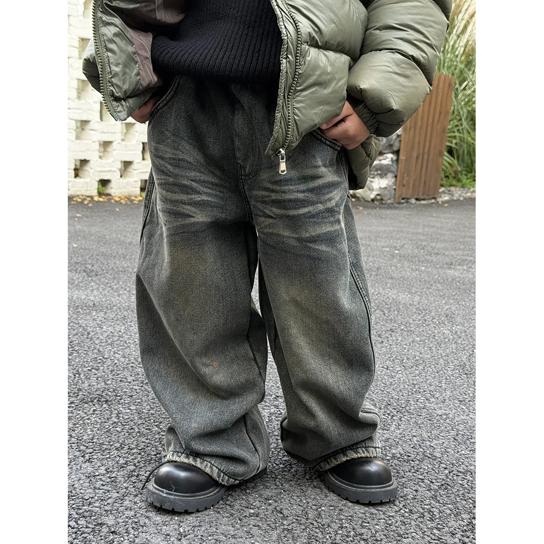 儿童男孩美式复古做旧加绒百搭阔腿牛仔裤女宝洋气时尚拖地裤1016