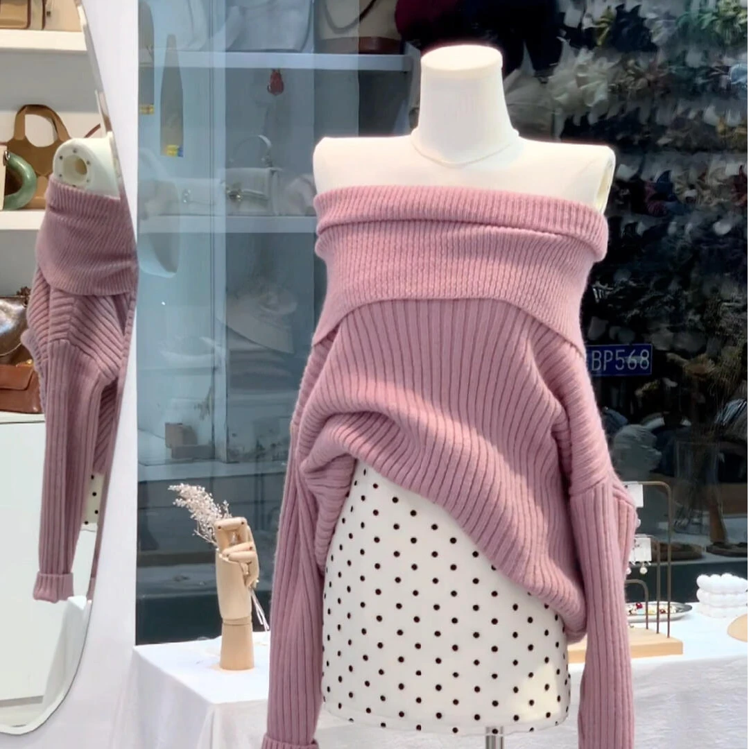 2024秋季新款韩系简约气质纯欲风一字领长袖毛衣高腰波点半身裙女