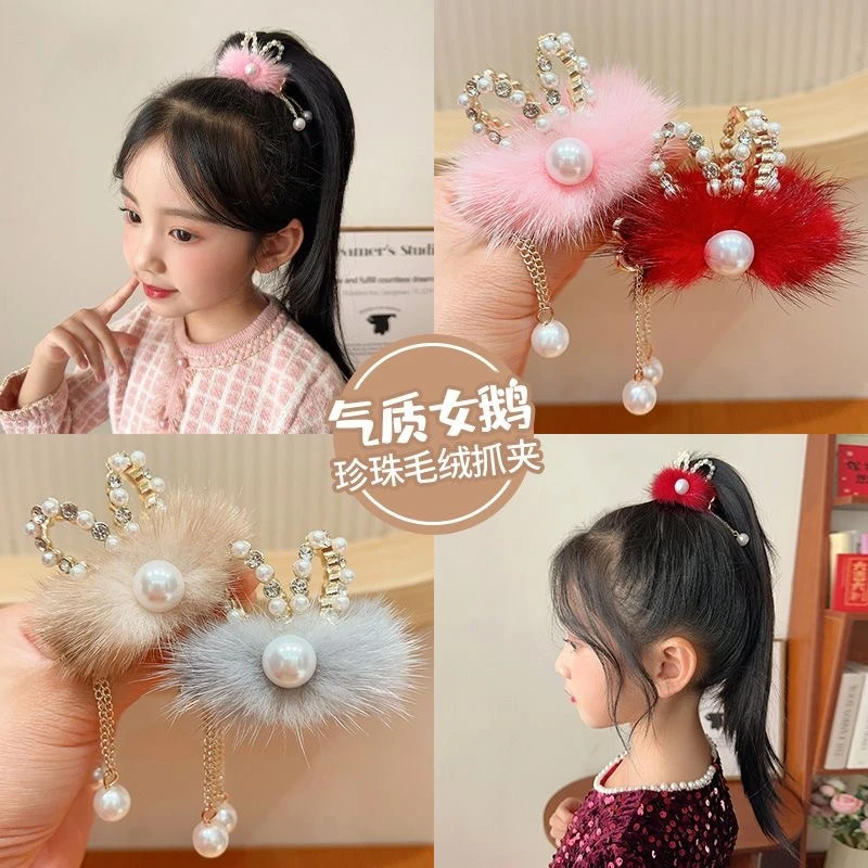 新款秋冬水貂毛兔耳朵流苏发夹气质可爱少女毛球鲨鱼夹发夹发饰