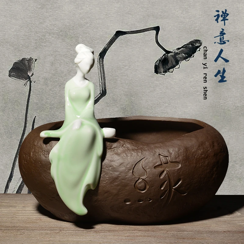 创意碗莲花盆客厅小和尚水培水仙紫砂花盆铜钱草个性陶瓷花器摆件