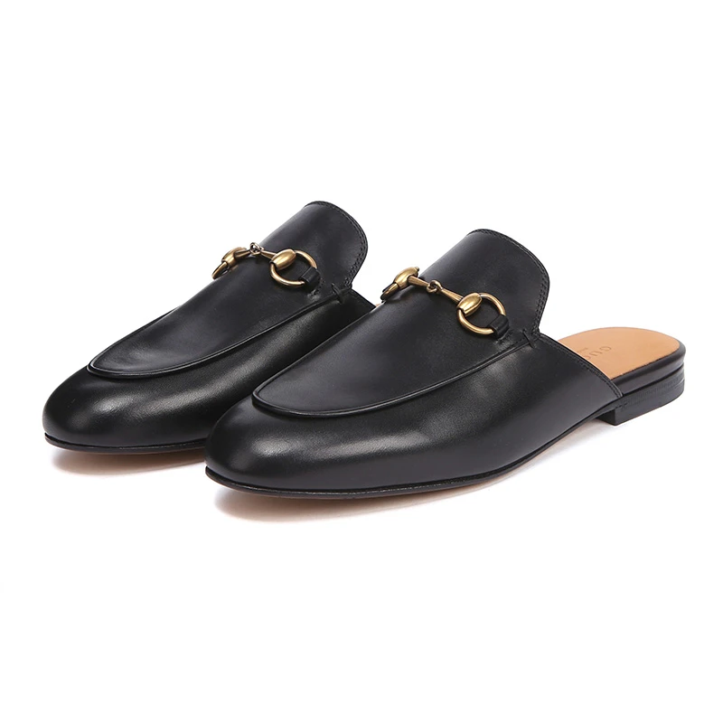 GUCCI古驰女士黑色牛皮马衔扣穆勒鞋拖鞋平底鞋