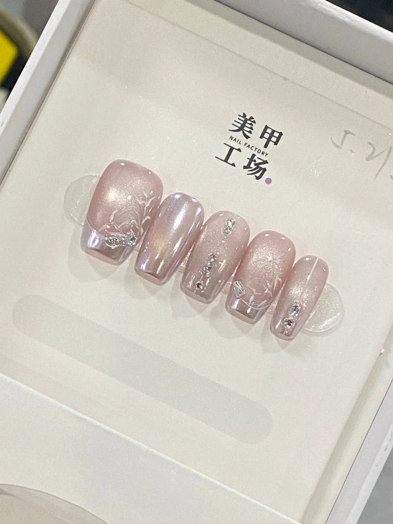 【粉璃仙境】纯手工手绘可拆卸方形国风带钻风简约穿戴式美甲