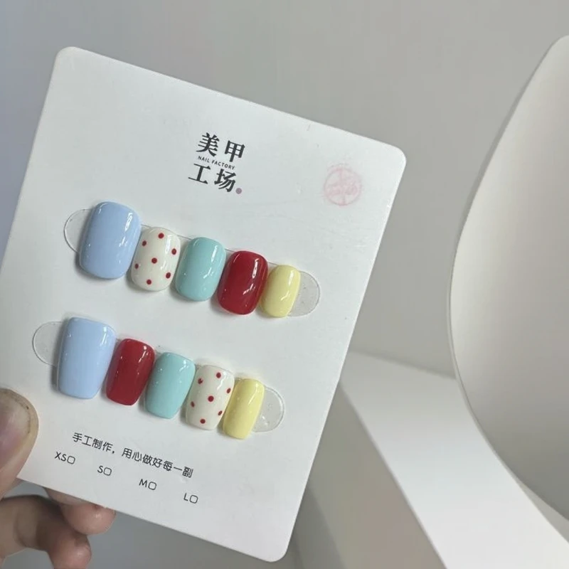 【多巴胺色】纯手工彩色气质可拆卸方形波点风简约穿戴式美甲