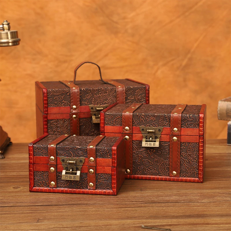 中国风龙纹复古收纳盒桌面首饰储物盒仿古带锁木箱子密码道具箱*