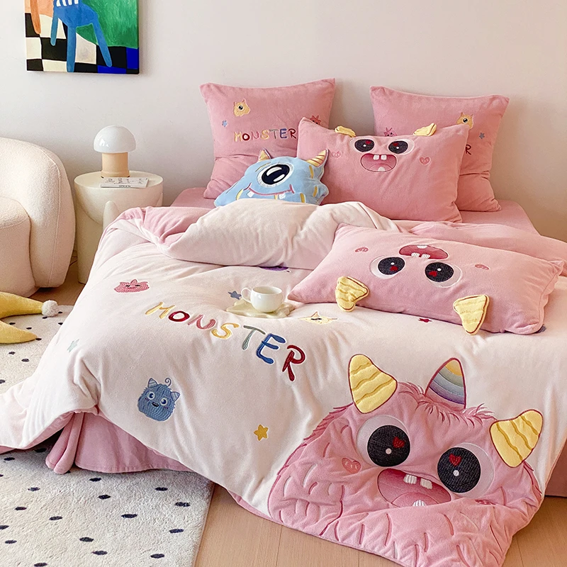 【富士商店】直播儿童卡通怪兽冬季加厚牛奶绒四件套小号三件套-FRY