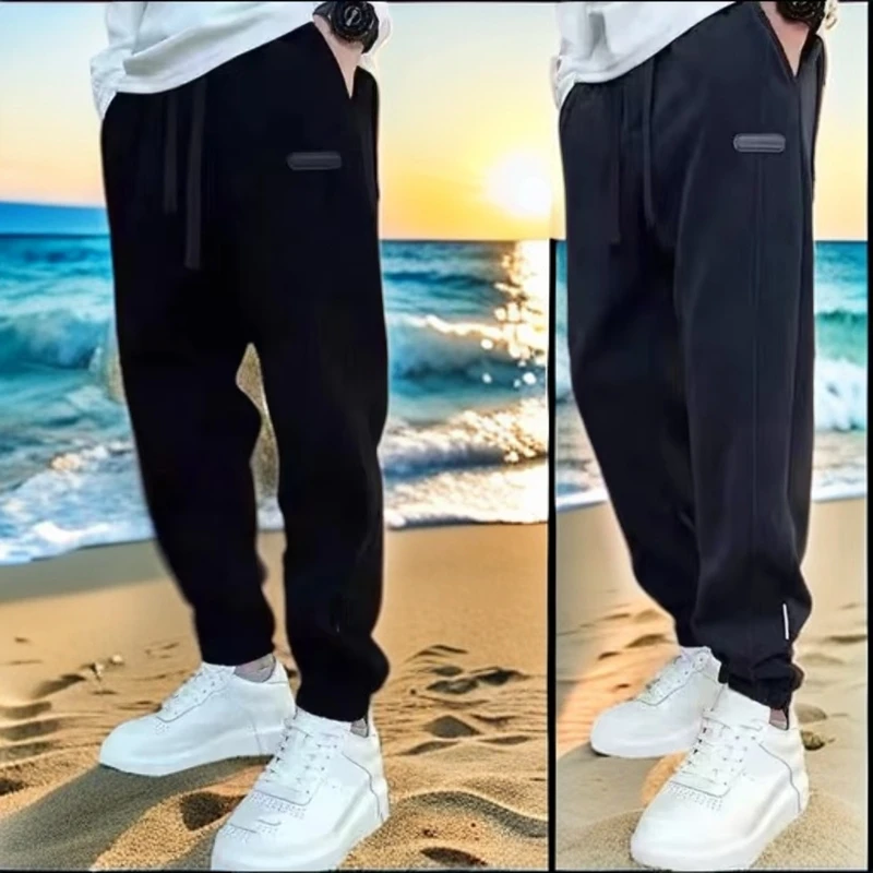 男士冬季博澳绒高腰休闲卫裤宽松束脚时尚百搭条纹加绒加厚