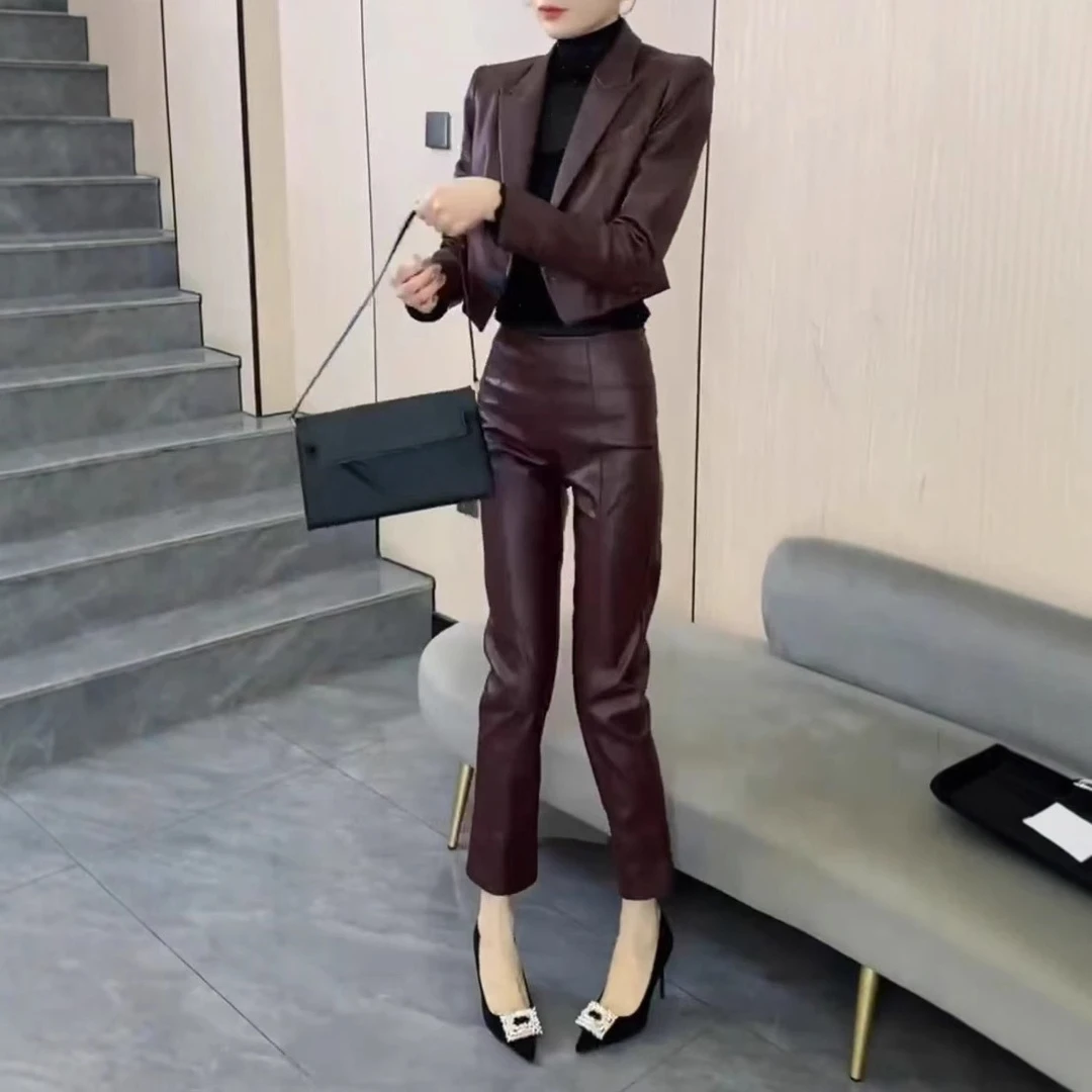 气质御姐风职业范两件套女2024秋新款西装领短款皮夹克+小脚皮裤
