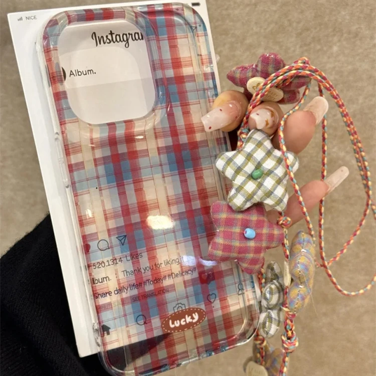 复古红蓝格纹适用iPhone16promax手机壳15pro透明14pro新款13挂脖