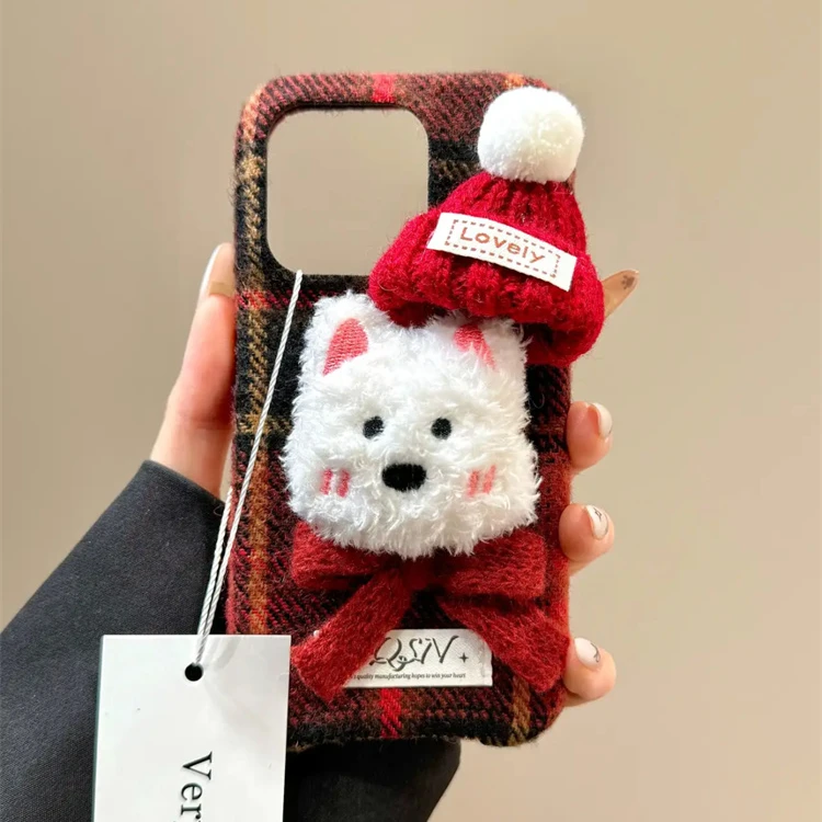 秋冬格纹红帽白狗西高地适用苹果16promax手机壳15promax可爱1413