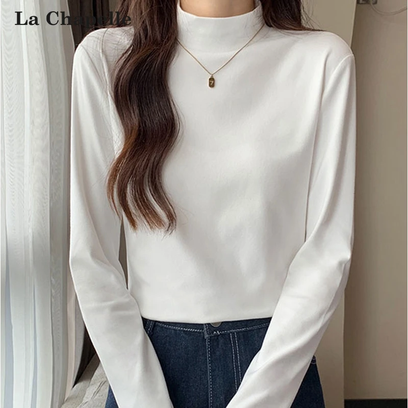拉夏贝尔春季半高领修身打底衫女装2025新款潮流百搭女款内搭上衣