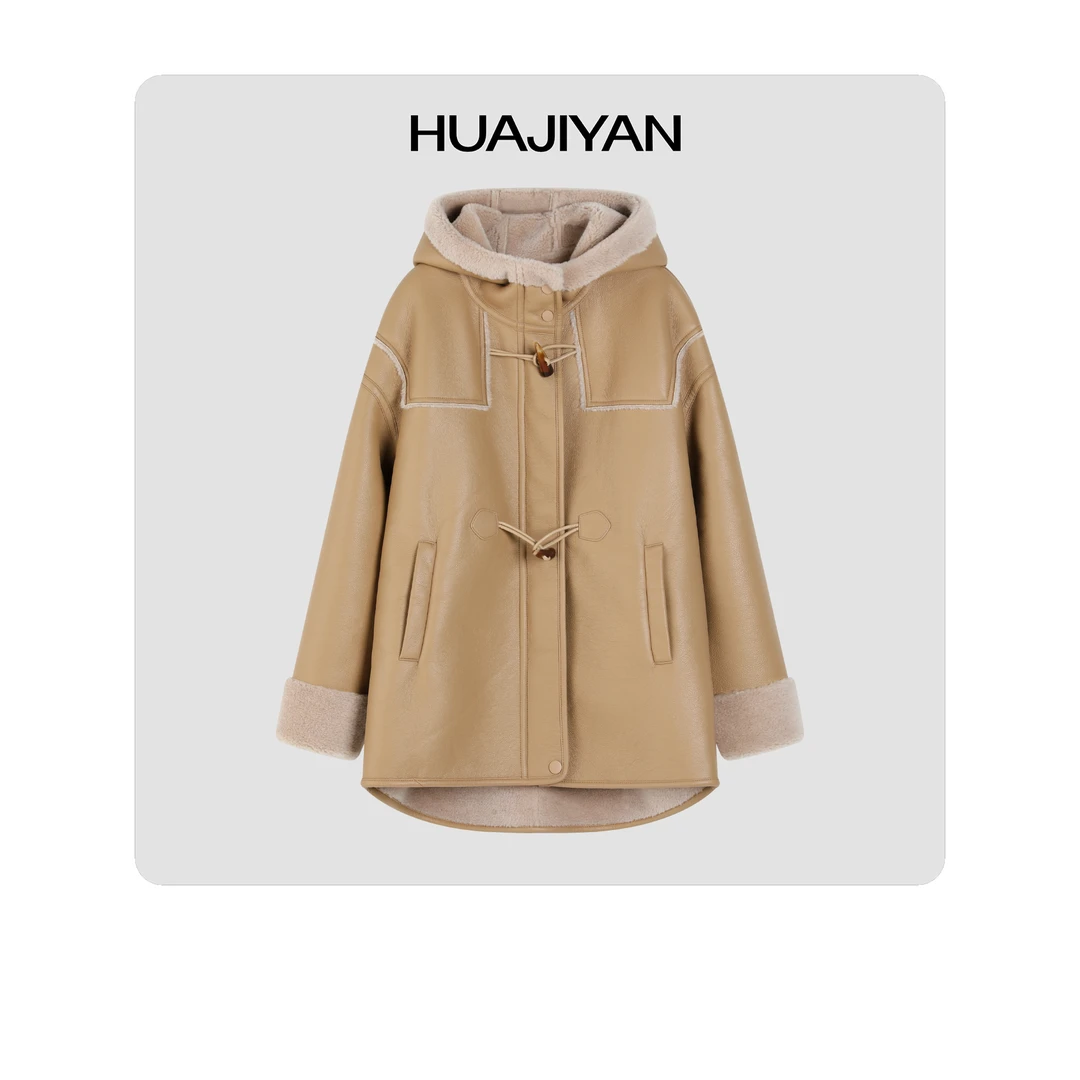 华吉言HUAJIYAN【鹿岛】全美丽奴羊毛牛角扣中长款外套