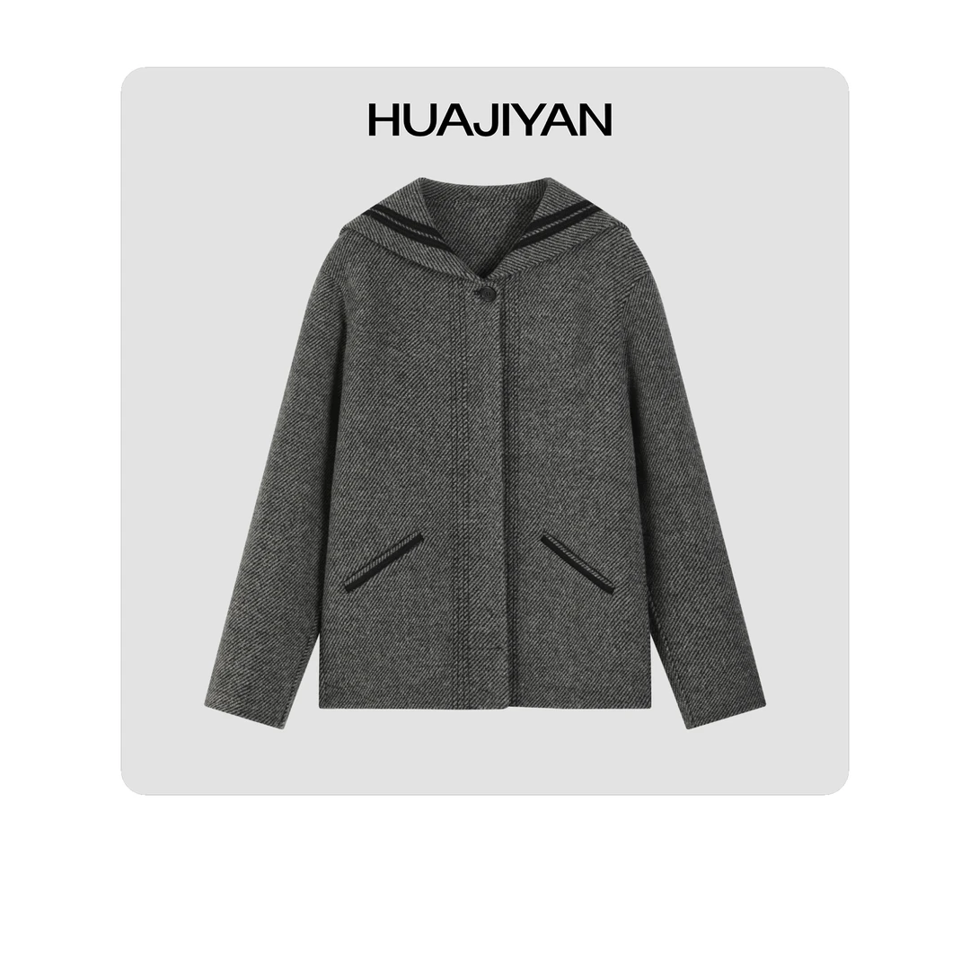 华吉言HUAJIYAN【海鸥】全羊毛斜纹海军领外套
