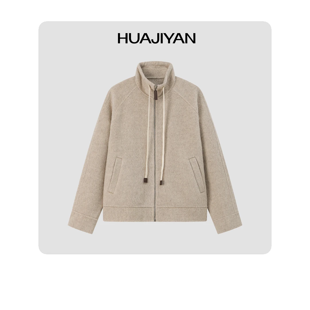 华吉言/HUAJIYAN【燕麦牛奶】骆驼绒立领双面呢短夹克外套