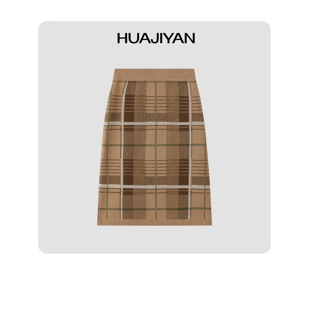 HUAJIYAN 【向日葵】全羊毛格纹针织半身裙