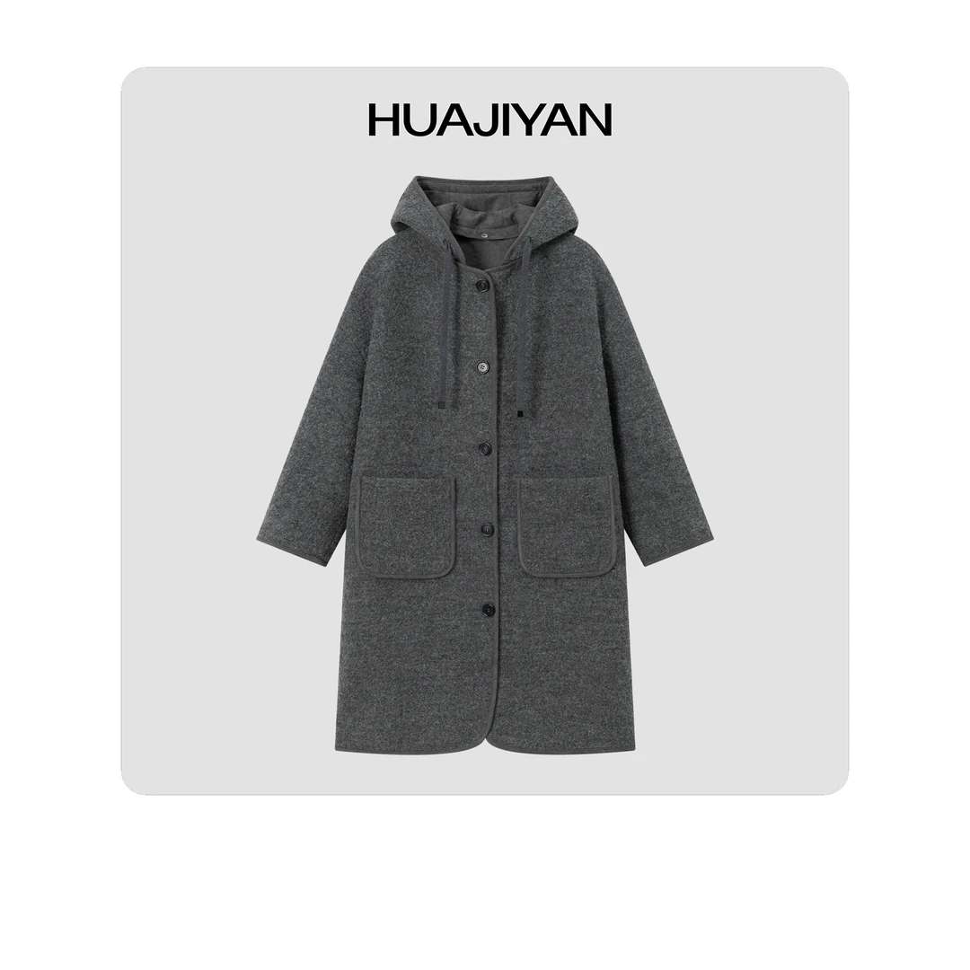 华吉言/HUAJIYAN【灰魔法】100羊毛vintage风复古感可拆卸连帽大衣