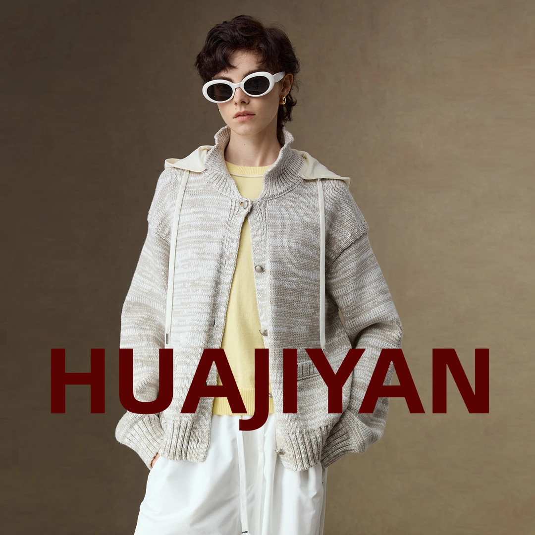 华吉言/HUAJIYAN【糖霜】进口空包纱双纱混纺连帽(可拆卸)针织外套