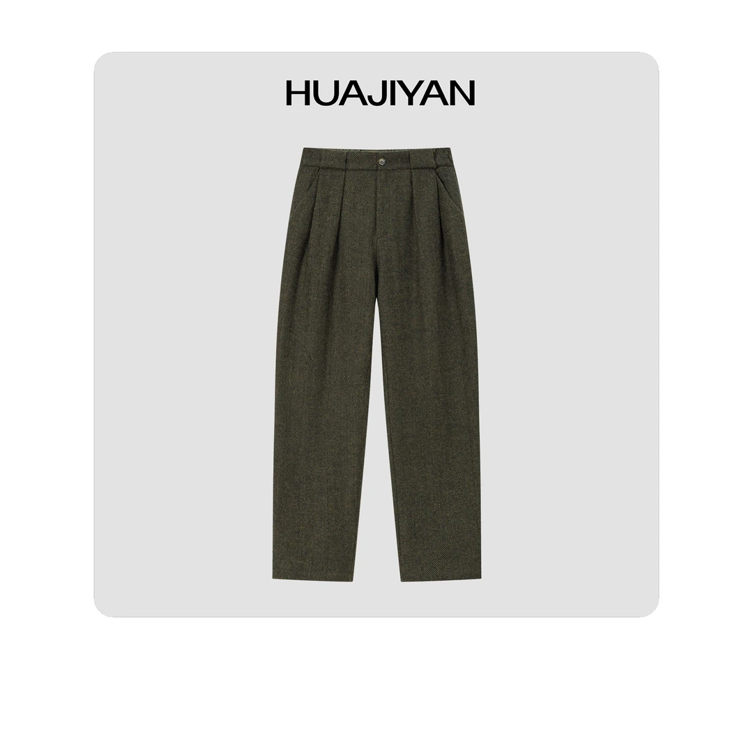 华吉言/HUAJIYAN【格林】羊毛兔毛混纺人字纹后松紧腰复古微锥裤