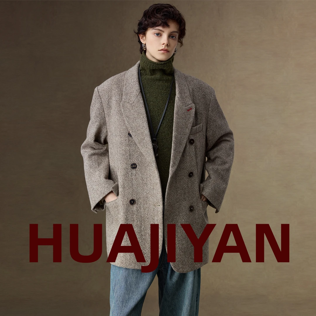 华吉言/HUAJIYAN【银行家】100羊毛戗驳领老钱风廓形外套