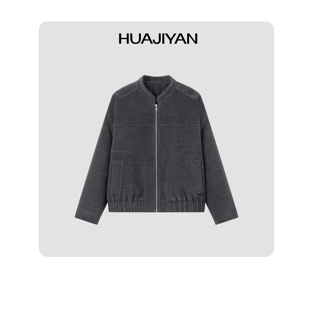 华吉言/HUAJIYAN【冷杉】100初剪羊毛立裁颗粒感立领夹棉短夹克外套
