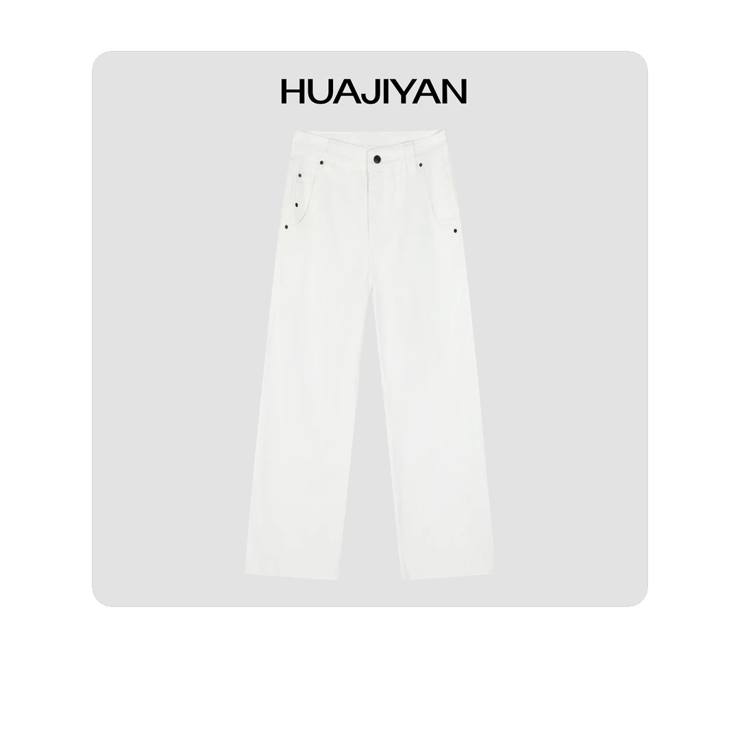 华吉言/HUAJIYAN 【小白牛_直筒版】百搭小直筒显瘦中腰白色牛仔裤