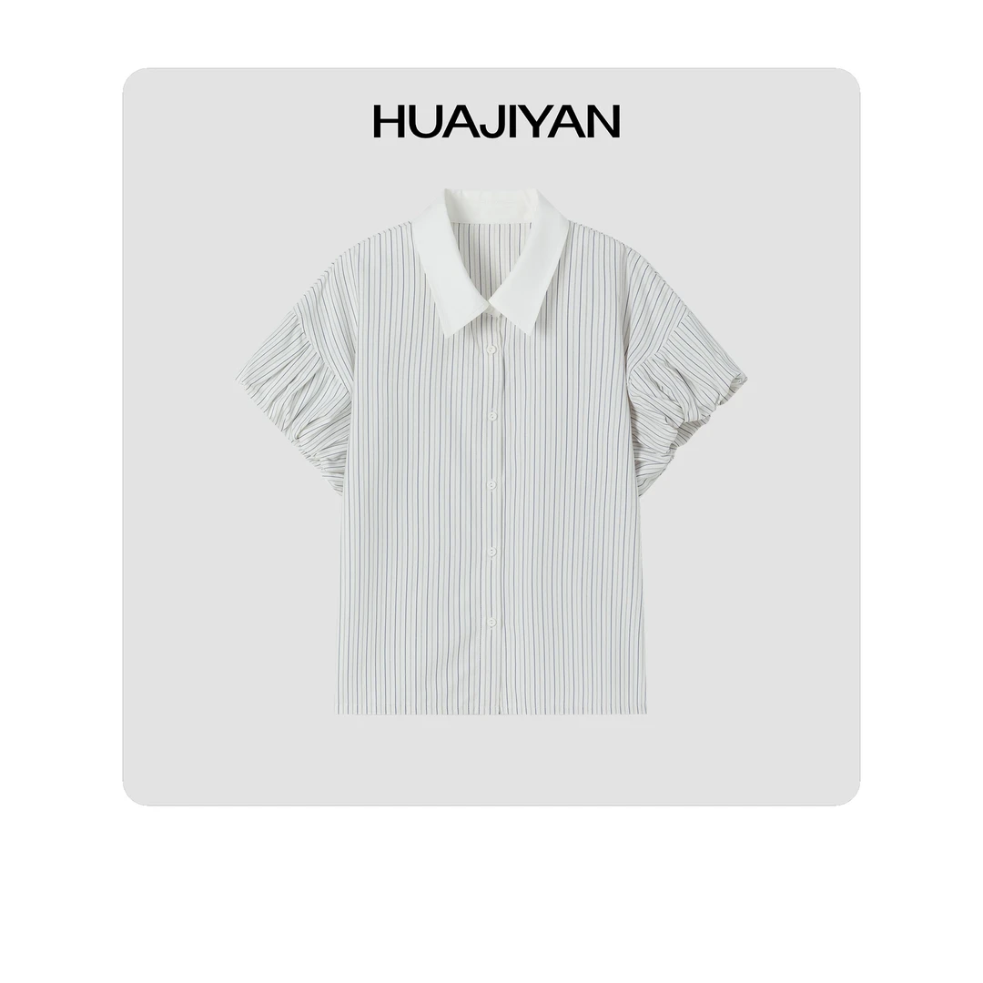 华吉言/HUAJIYAN【蝴蝶袖】小众宽松百搭显瘦条纹衬衫短袖