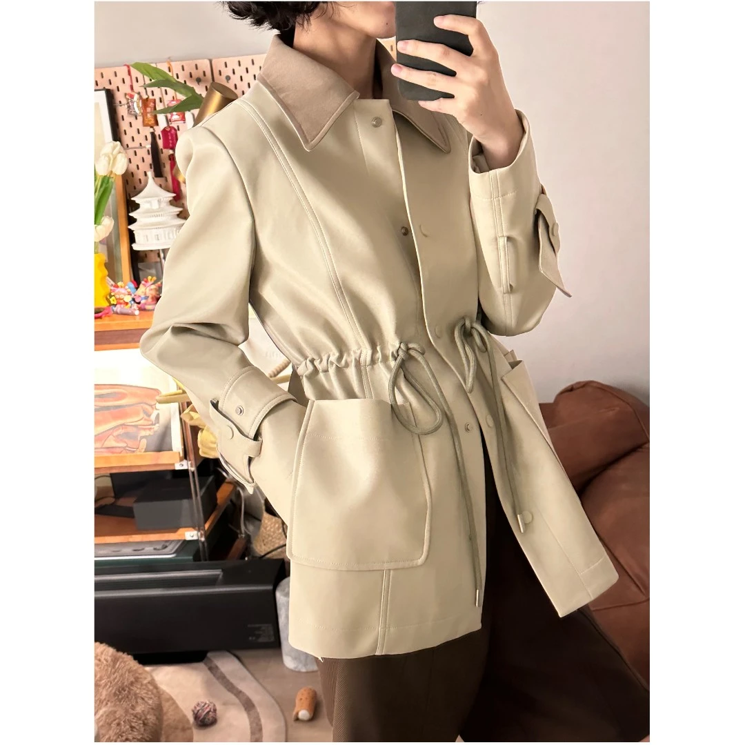 HUAJIYAN【小巴黎】撞色拼接抽绳皮衣外套