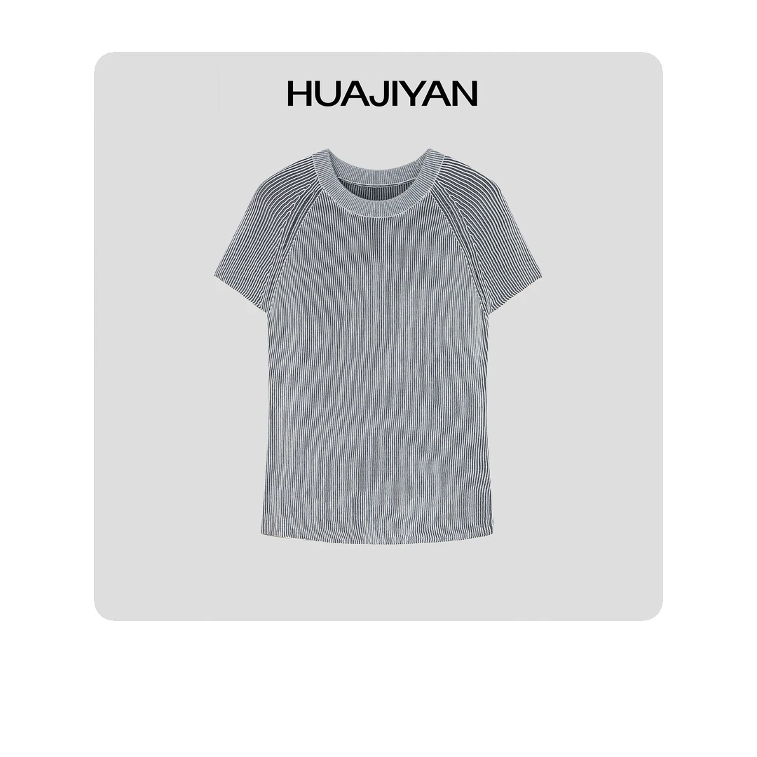 华吉言/HUAJIYAN【摩尔纹】甄选高细凉感双曲冰麻竖条纹圆领T恤