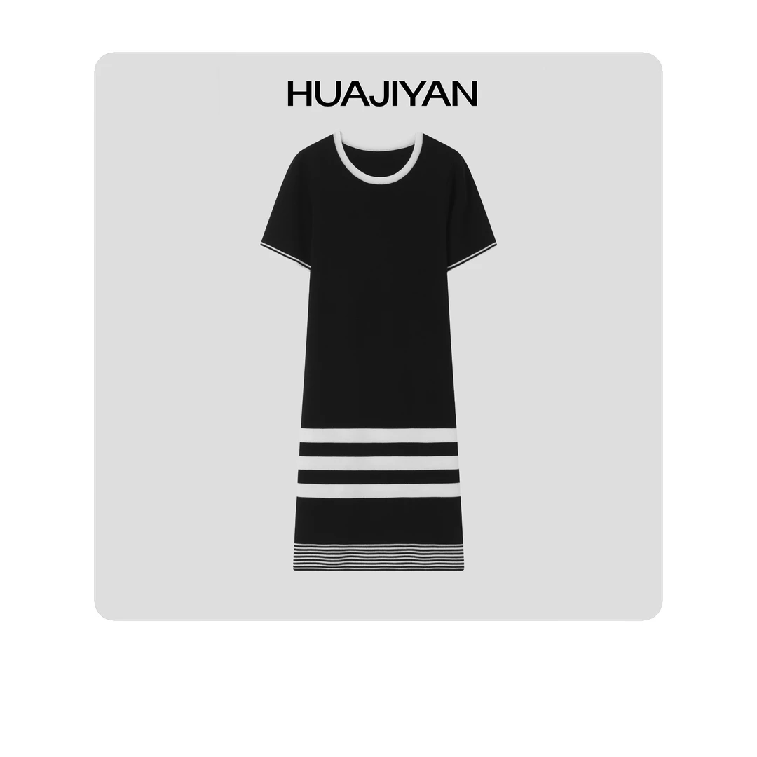 华吉言/HUAJIYAN【静湖月夜】细织羊毛撞色条纹圆领短袖连衣裙