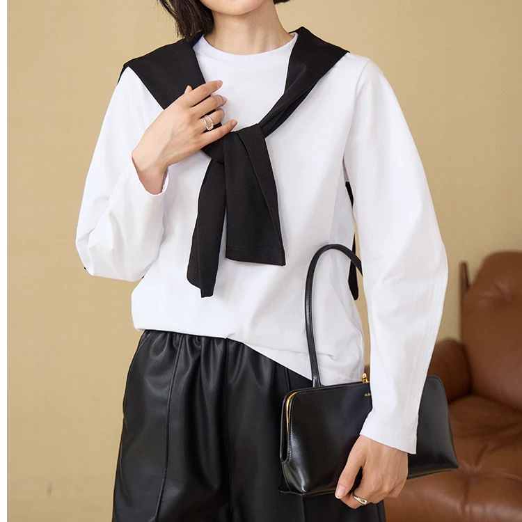 华吉言/HUAJIYAN【熊猫T】甄选长绒棉立裁正肩弧袖圆领百搭长袖T