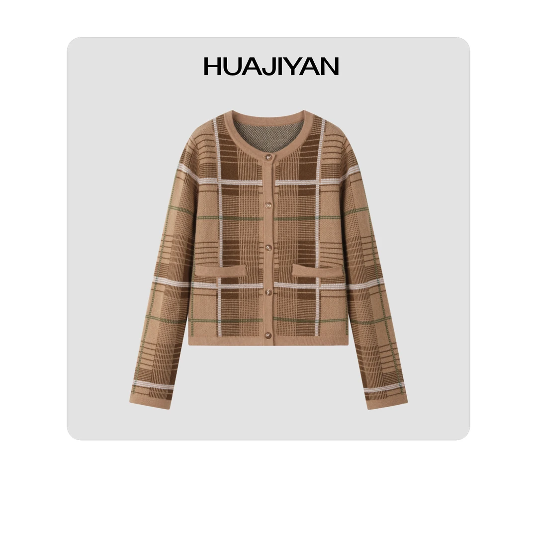 HUAJIYAN 【向日葵】全羊毛格纹针织开衫