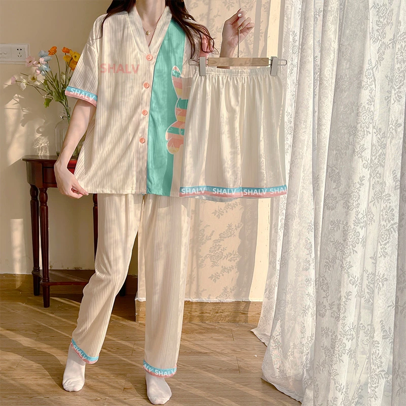 【威尼斯买手店-C】夏季炫彩兔V领短袖开衫三件套家居服套装82196