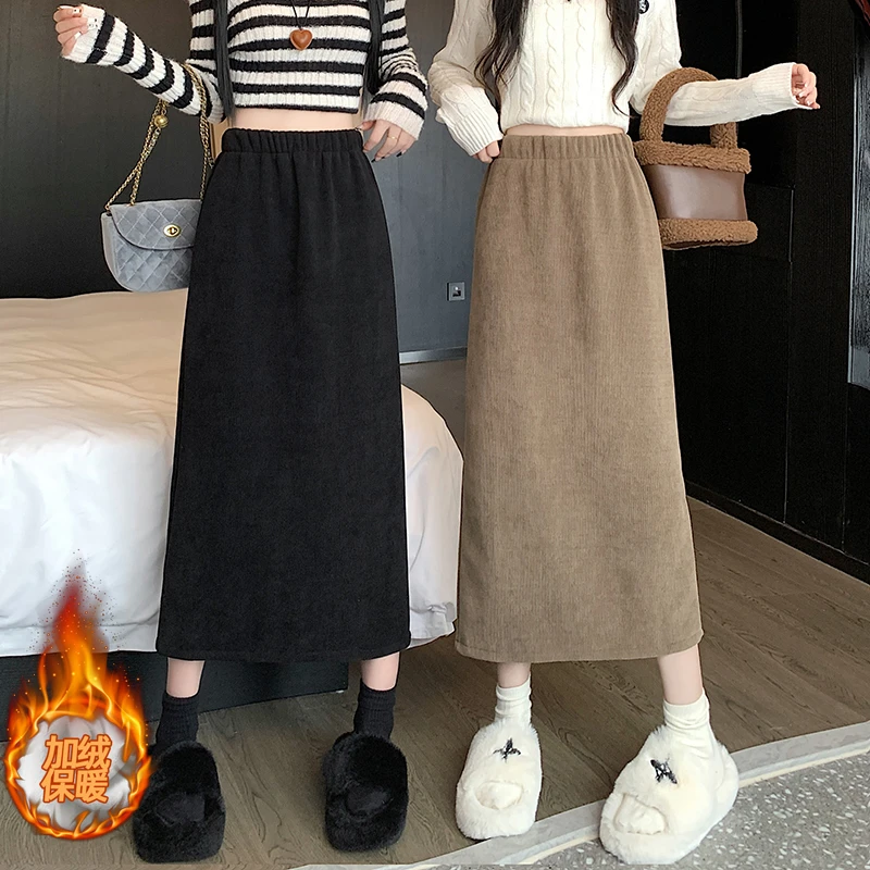 姗姗2332大码秋冬高腰显瘦松紧腰加绒加厚灯芯绒中长款开叉半身裙