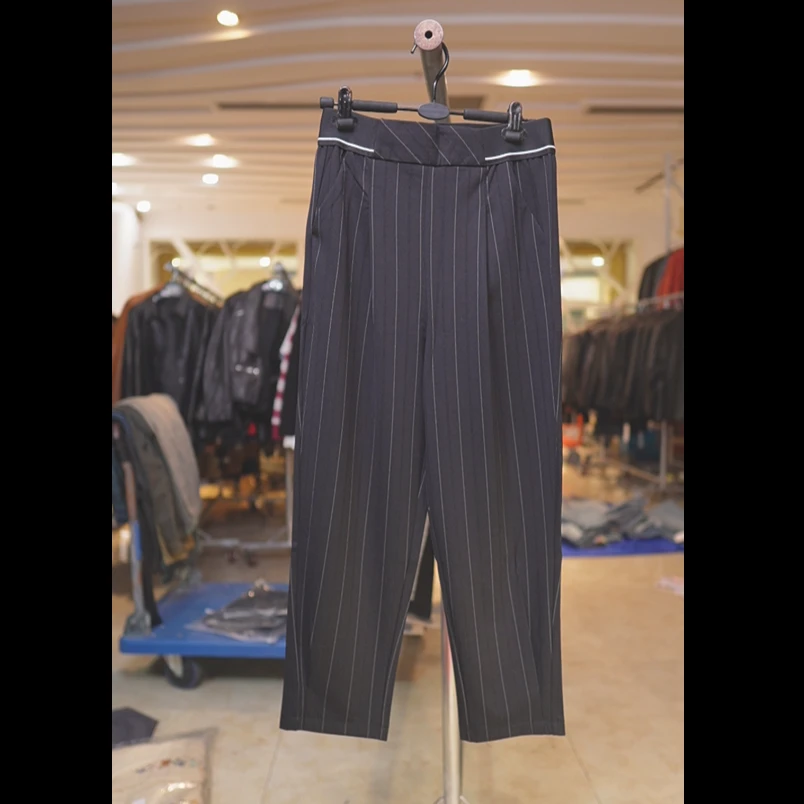 时尚休闲夏季宽松女装长裤显瘦百搭女士黑色条纹垂感