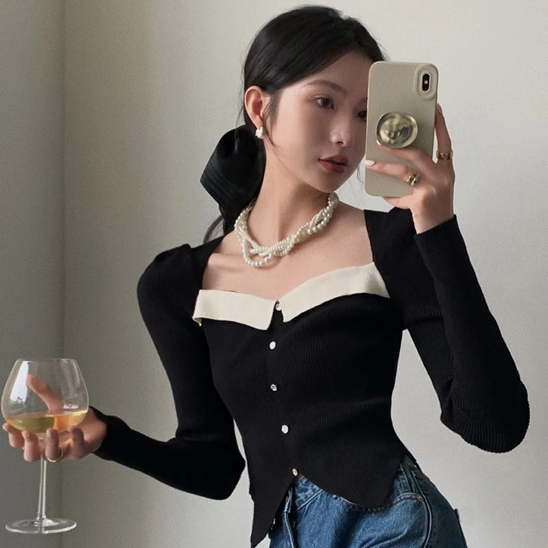 秋冬新款赫本风撞色复古方领长袖开叉长袖针织打底衫修身显瘦上衣