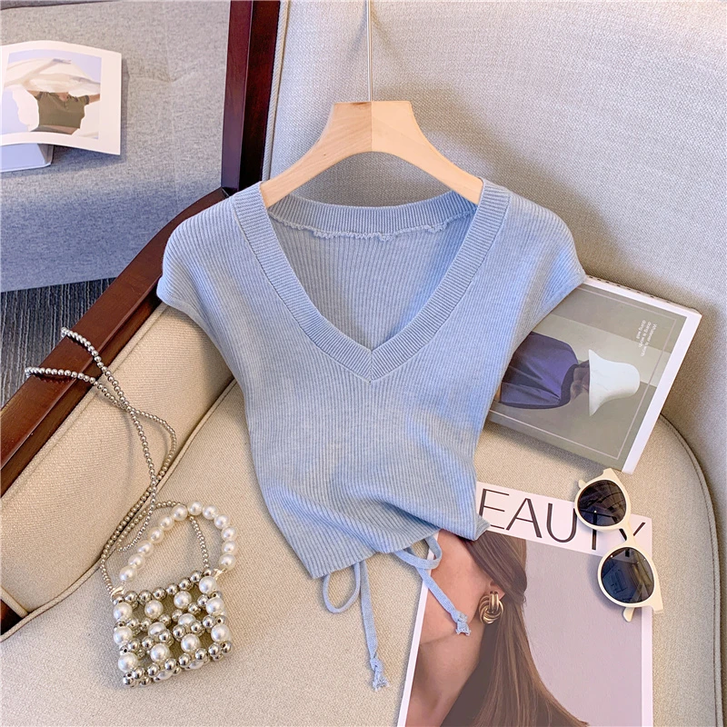 韩版小众气质露背抽绳绑带V领短袖针织T恤短款上衣女夏季修身显瘦