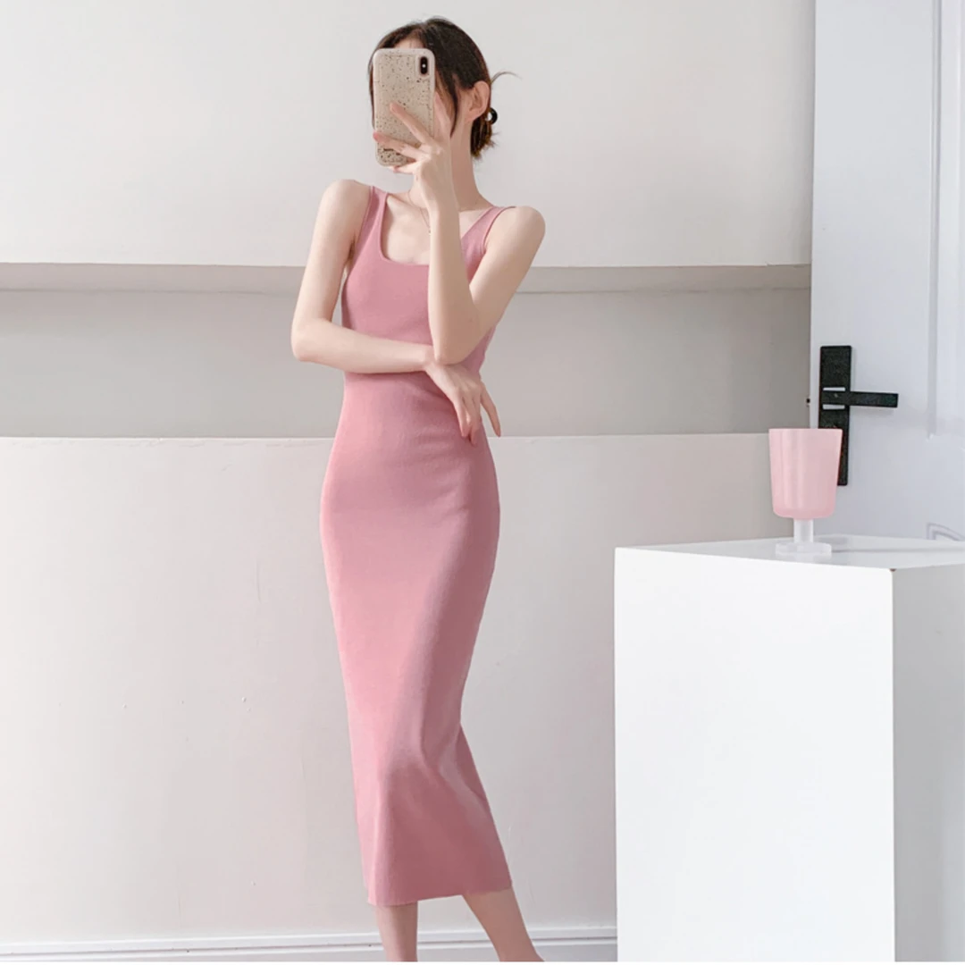 裙子女款爆款2025新款夏季粉色吊带针织连衣裙修身显瘦高档连衣裙