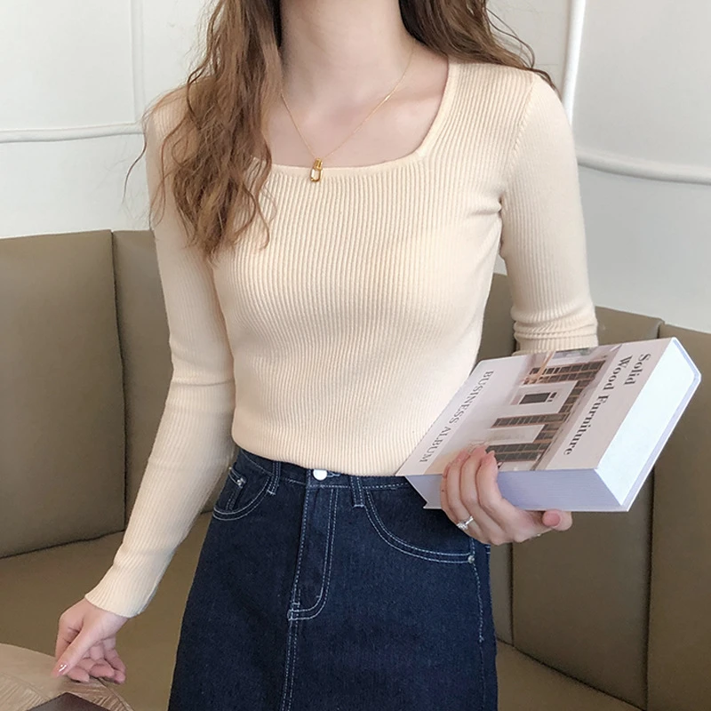 春秋新款2025爆款女款打底简约百搭方领长袖针织衫女修身显瘦纯色
