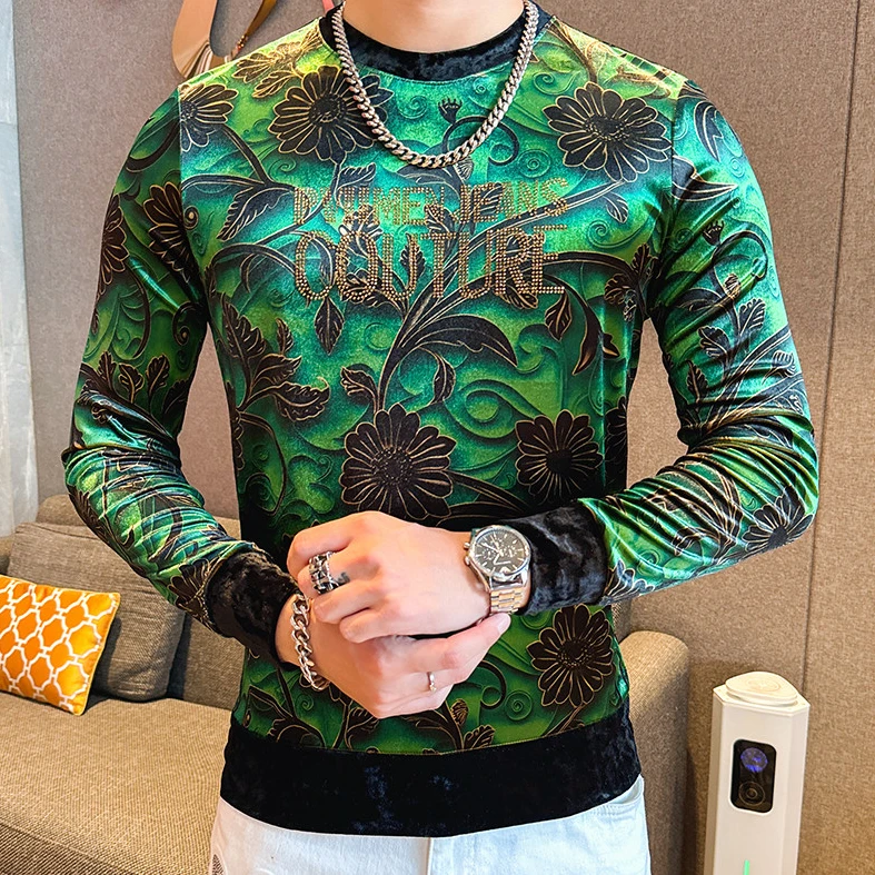 欧洲站秋季新款男士休闲时尚潮流百搭金丝绒圆领烫钻长袖卫衣