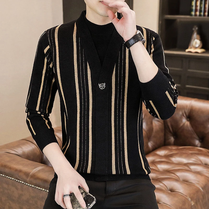 秋冬新款欧货时尚潮流百搭男士条纹套头长袖毛衣假俩件不起球