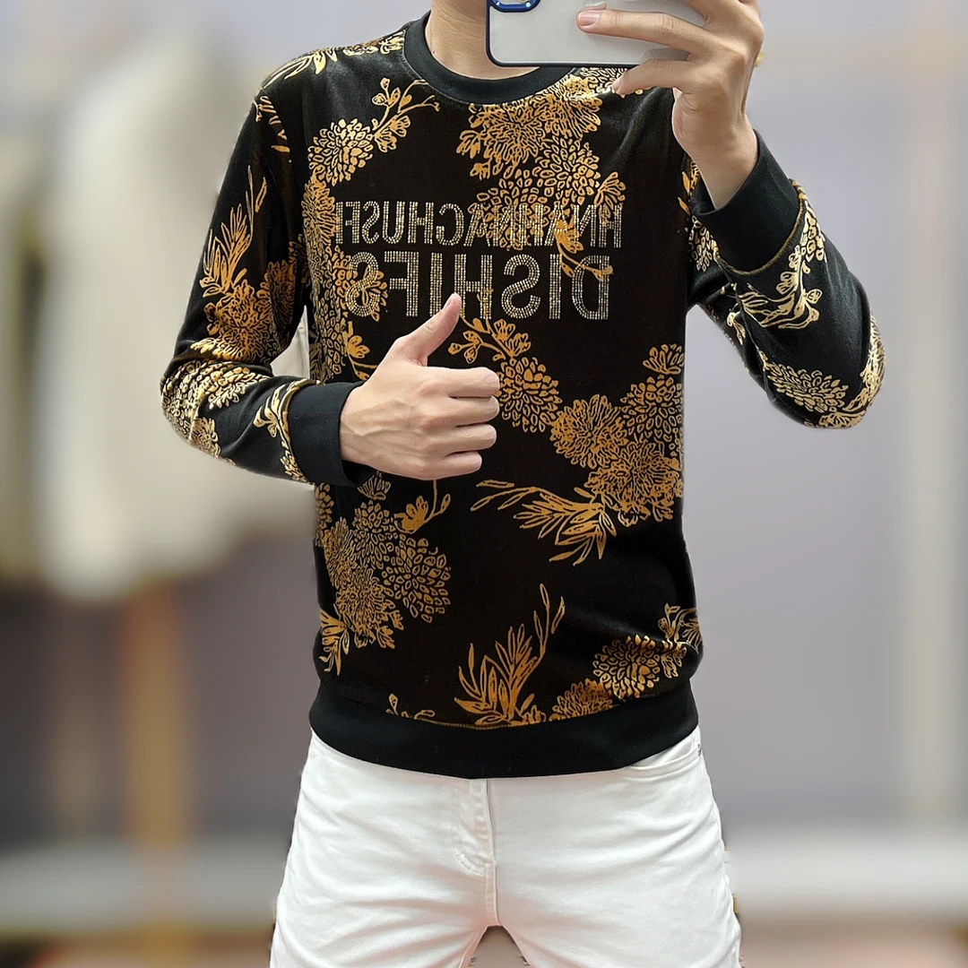 2024秋季新款潮流时尚丝绒烫钻男士修身长袖圆领百搭套头休闲卫衣