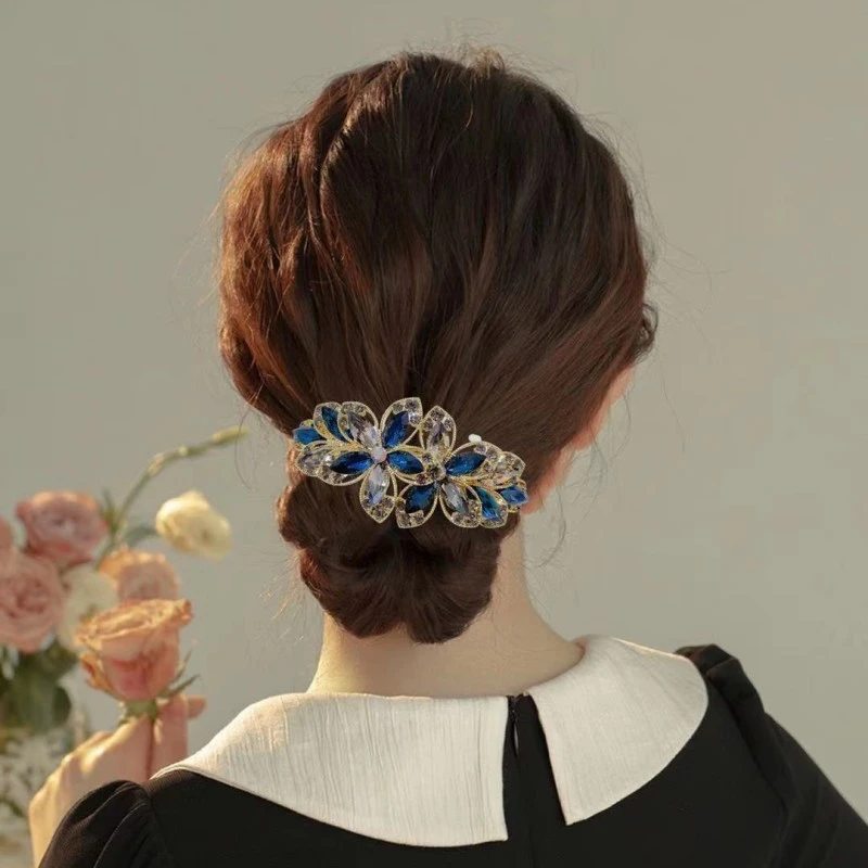 锌合金合成锆石发饰 气质花朵弹簧夹扣夹8公分女士发饰品头饰品