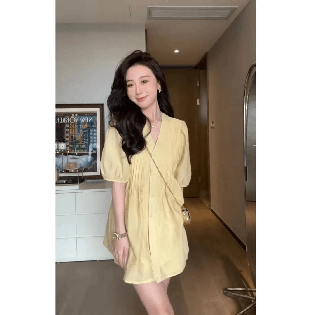 【小鸡黄】宽松短袖气质时尚夏季小众褶皱显瘦设计款套装