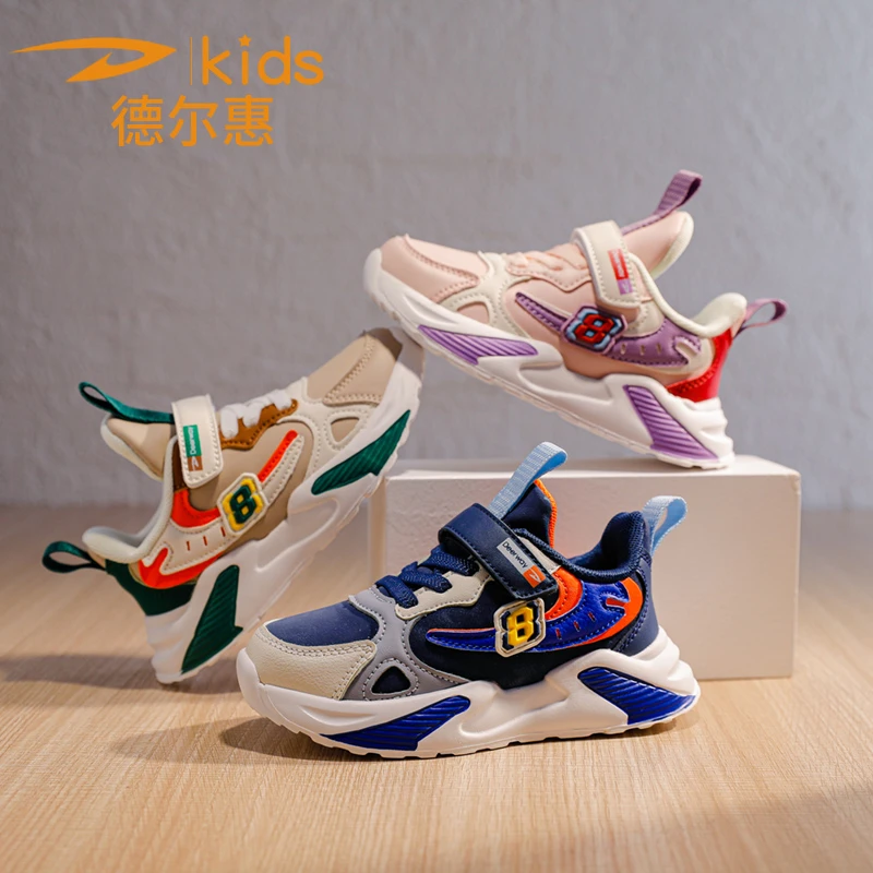 德尔惠儿童运动鞋2024春季新款男童女童皮面防水软底舒适休闲潮鞋