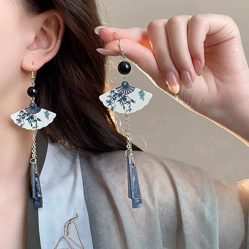 合金树脂耳饰 新中式扇子流苏耳环高级感国风汉服旗袍马面裙耳饰
