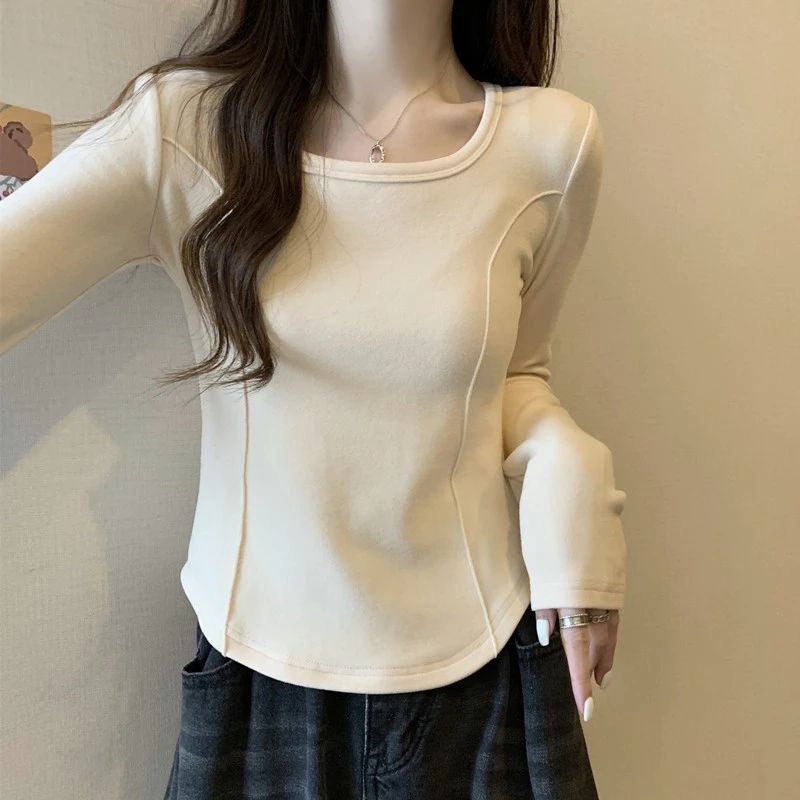 正肩显瘦长袖t恤女春季新款辣妹纯欲修身打底衫内搭短款方领上衣