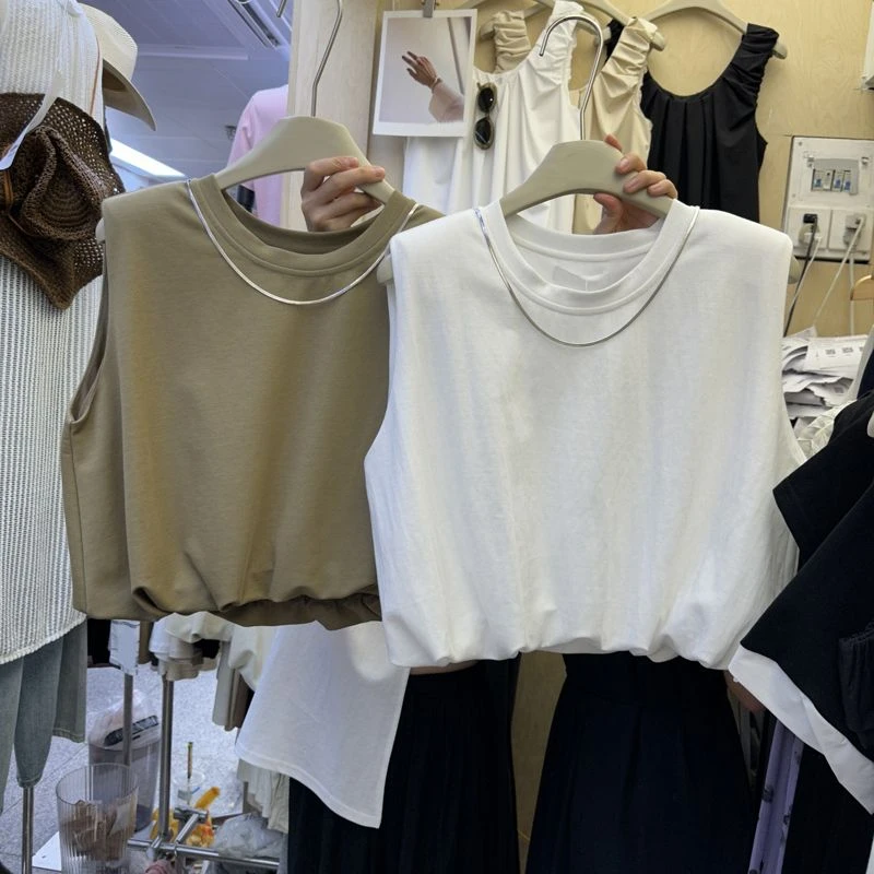韩系白色T恤女夏新款宽松显瘦通勤休闲百搭背心短款无袖圆领上衣