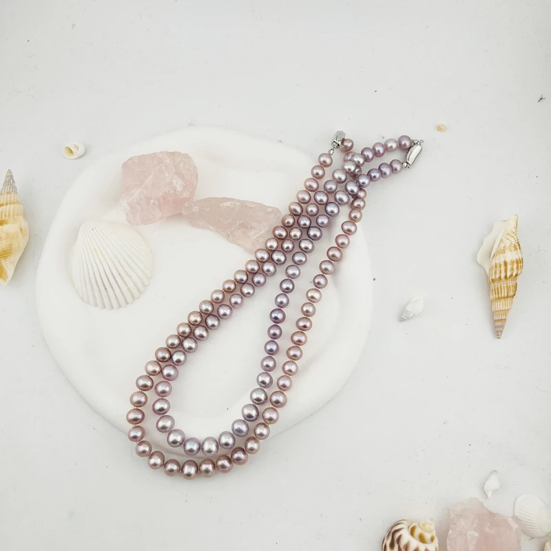 淡水无核珍珠项链（紫色多样性发一）7.3-8.3mmS925银 JYX043