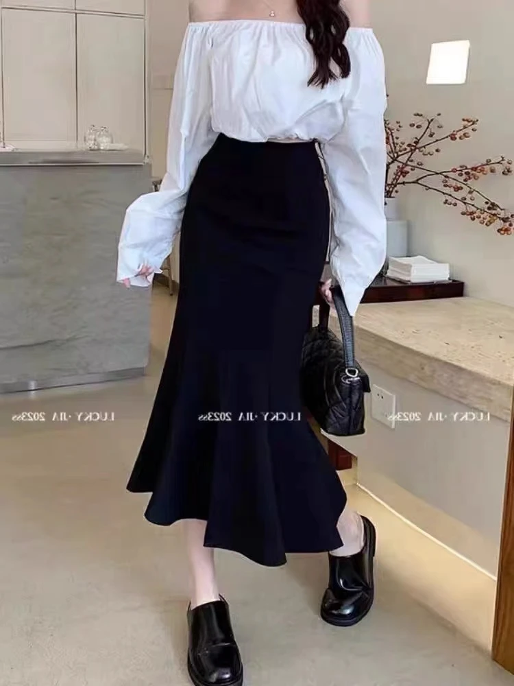洋气百搭高腰弹力鱼尾裙显瘦半身裙气质黑色开叉中长款荷叶边