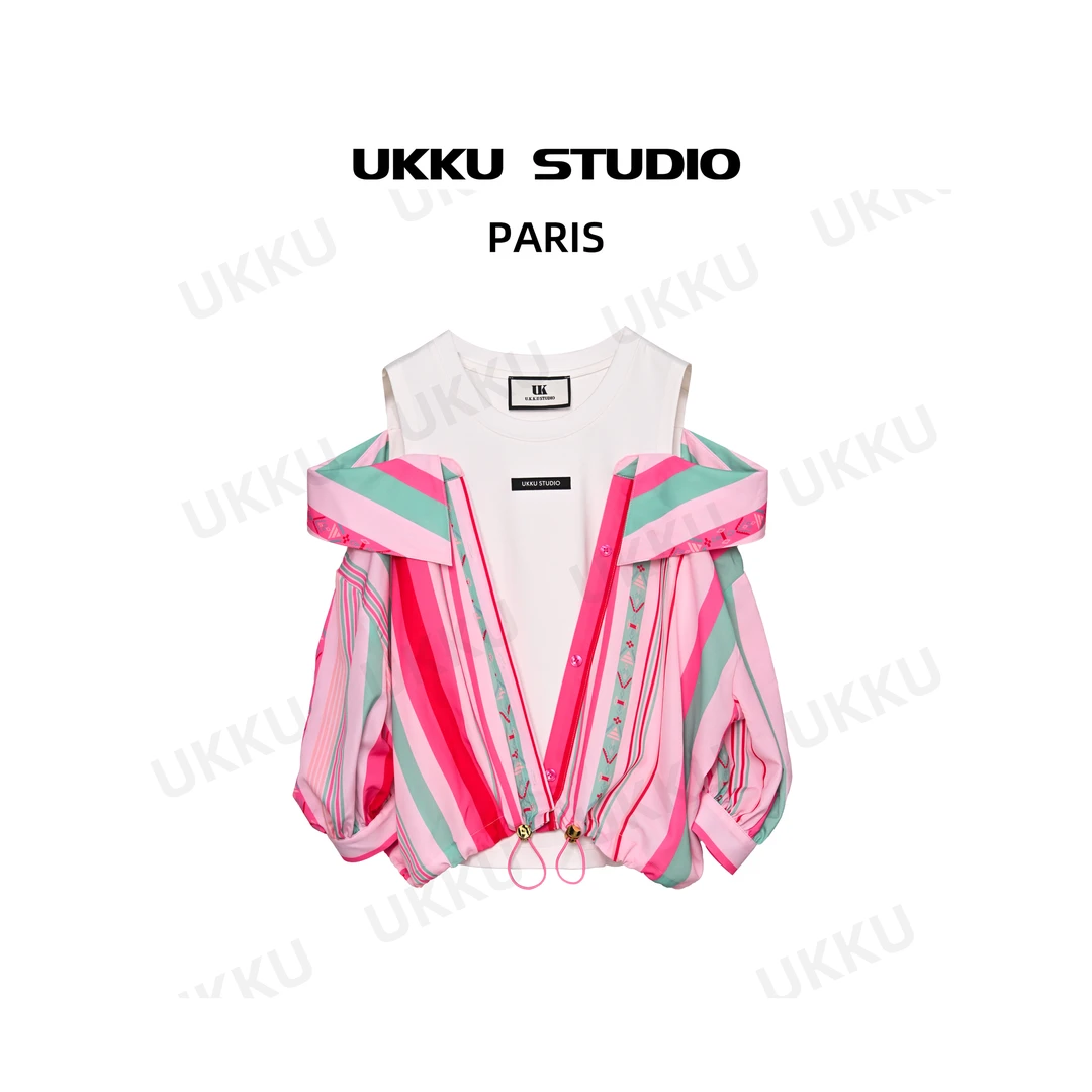 香【UKKUSTUDIO】夏季潮流洋气拼接撞色拼色假两件五分袖衬衫312163