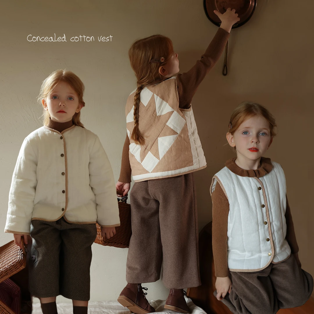 【姐妹款】亚麻拼布ins小众幼儿园百搭加棉马甲+短款棉服外套